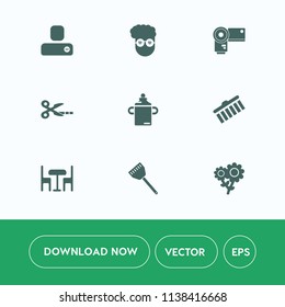 Modern, simple vector icon set on white background with member, equipment, plastic, photographer, fashion, shape, user, social, nature, graphic, photography, blossom, bottle, brush, food, chair icons