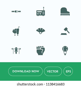 Modern, simple vector icon set on white background with food, technology, people, vanilla, weight, sweet, instrument, belt, sport, radio, law, sky, traditional, hand, ice, parachuting, concert icons