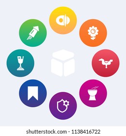 Modern, simple vector icon set on colorful circle backgrounds with flower, celebration, food, water, festival, light, child, fire, pot, cube, top, music, percussion, nature, year, spring, place icons