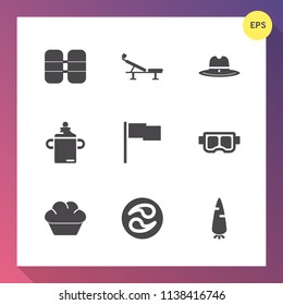 Modern, simple vector icon set on gradient background with equipment, summer, valve, cowboy, texas, tank, cake, water, doughnut, fitness, vegetable, air, regulator, sweet, oxygen, japanese, milk icons