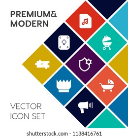 Modern, simple vector icon set on colorful flat background with element, melody, object, jewelry, note, royal, fire, stroller, speaker, security, luxury, sound, pram, child, internet, carriage icons