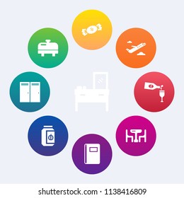 Modern, simple vector icon set on colorful circle backgrounds with home, room, airplane, water, entrance, glass, cabinet, paper, stick, jam, striped, notebook, wine, travel, modern, plane, book icons