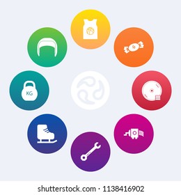 Modern, simple vector icon set on colorful circle backgrounds with industrial, lollipop, cheese, basketball, kilogram, disk, food, helmet, work, pattern, ice, sweet, spanner, construction, kamon icons