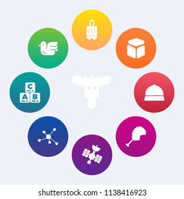 Modern, simple vector icon set on colorful circle backgrounds with bird, nature, technology, baggage, meal, transportation, play, sign, chemistry, atom, bag, square, black, hat, suitcase, hotdog icons