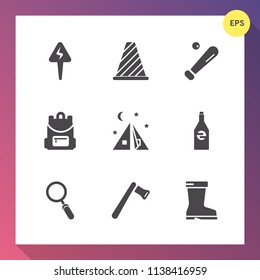 Modern, simple vector icon set on gradient background with backpack, liquid, style, footwear, power, construction, beverage, ball, fashion, camp, outdoor, american, electricity, team, white, axe icons
