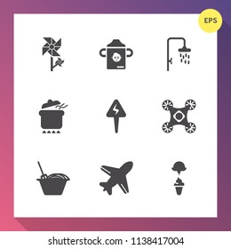 Modern, simple vector icon set on gradient background with flower, bath, pot, chinese, meal, energy, bottle, dinner, control, pink, food, plane, dish, childhood, noodle, cream, drone, petal, ice icons