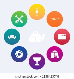 Modern, simple vector icon set on colorful circle backgrounds with red, send, cup, headwear, beverage, pot, wine, hat, drink, cake, doughnut, food, river, asian, oar, dessert, sea, glass, cap icons