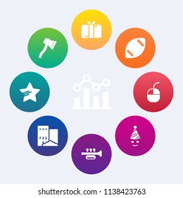 Modern, simple vector icon set on colorful circle backgrounds with trumpet, up, mouse, football, finance, sound, chart, financial, fun, work, decoration, computer, star, graph, trend, axe, sign icons