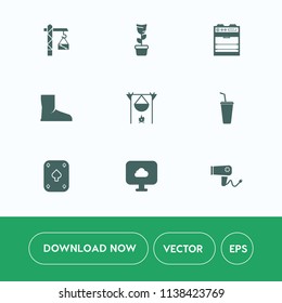 Modern, simple vector icon set on white background with cloud, juice, kitchen, drink, blow, fireplace, dryer, care, bonfire, flame, drill, saw, room, nature, hammer, black, decoration, interior icons