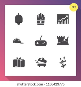 Modern, simple vector icon set on gradient background with french, joystick, hat, yellow, unhealthy, eat, headwear, game, fashion, ring, celebration, home, graph, food, sound, tower, call, lunch icons