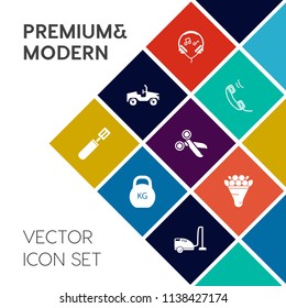 Modern, simple vector icon set on colorful flat background with fitness, floral, pink, headset, bouquet, mobile, blue, tool, car, phone, sign, weight, listen, decoration, flower, housework, food icons