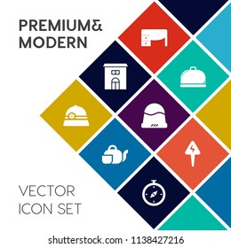Modern, simple vector icon set on colorful flat background with estate, table, service, house, sign, work, white, energy, traditional, notebook, building, home, tea, fashion, office, cup, hat icons