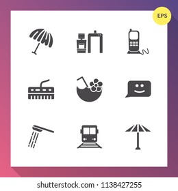 Modern, simple vector icon set on gradient background with phone, white, open, season, parasol, scanner, stationary, umbrella, telephone, juice, digital, chat, keyboard, business, transportation icons