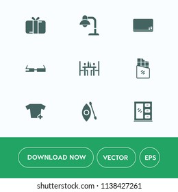 Modern, simple vector icon set on white background with holiday, board, shirt, clothing, empty, kayak, black, decoration, sweet, furniture, box, food, education, table, lamp, river, coffee, bar icons