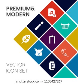 Modern, simple vector icon set on colorful flat background with machine, basket, add, market, environment, xray, utensil, telephone, happy, file, spoon, object, document, music, kitchen, forest icons