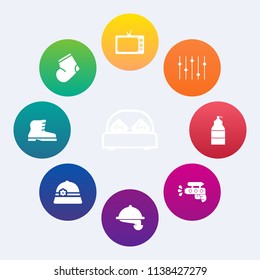 Modern, simple vector icon set on colorful circle backgrounds with gray, technology, fashion, double, play, water, paint, waiter, food, sock, white, furniture, media, service, bed, television icons