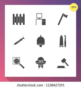 Modern, simple vector icon set on gradient background with equipment, barrier, old, spacecraft, repair, metal, fence, outdoor, bell, spanner, justice, space, hammer, dental, computer, desk, call icons