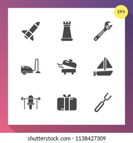 Modern, simple vector icon set on gradient background with box, knight, domestic, rocket, fitness, restaurant, ship, spanner, celebration, home, tool, sport, equipment, present, dinner, launch icons