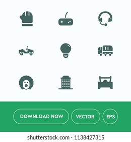 Modern, simple vector icon set on white background with speaker, studio, play, transport, sign, technology, truck, automotive, delivery, idea, gaming, car, cargo, light, music, headphone, gloves icons