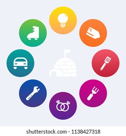 Modern, simple vector icon set on colorful circle backgrounds with food, tag, light, house, shelter, ice, sale, equipment, dinner, bulb, wrench, discount, nature, price, art, pan, arctic, fork icons