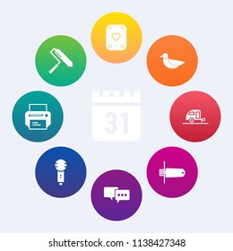Modern, simple vector icon set on colorful circle backgrounds with travel, journey, date, karaoke, music, event, vacation, business, equipment, machine, white, poker, day, talk, printer, song icons