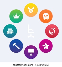 Modern, simple vector icon set on colorful circle backgrounds with tool, laptop, fiction, armchair, building, furniture, wrench, king, house, royal, ufo, world, modern, alien, crown, spanner, pc icons