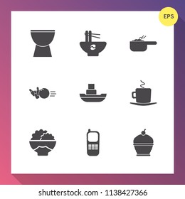 Modern, simple vector icon set on gradient background with dinner, bowling, dessert, stationary, grain, chinese, cup, drink, music, communication, rice, asian, food, concert, coffee, cafe, bowl icons