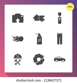 Modern, simple vector icon set on gradient background with left, comet, fashion, liquid, industry, pants, helmet, street, gallon, space, food, element, purified, abstract, move, doughnut, paint icons