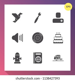 Modern, simple vector icon set on gradient background with work, geometric, fire, tire, wheel, car, caravan, water, painter, department, hydrant, travel, trailer, creative, origami, paintbrush icons