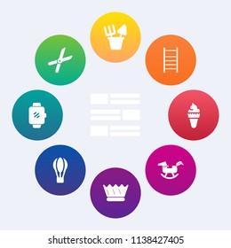 Modern, simple vector icon set on colorful circle backgrounds with sweet, metal, work, news, cut, gardening, web, balloon, toy, tool, baby, ice, horse, duck, transport, ladder, pruning, media icons