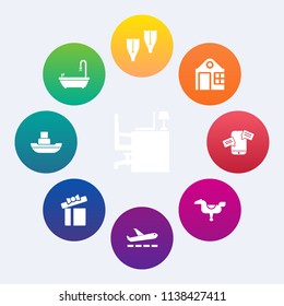Modern, simple vector icon set on colorful circle backgrounds with play, airplane, gift, box, child, computer, desk, ship, underwater, sport, top, boat, business, sea, airport, travel, toilet icons