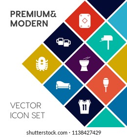 Modern, simple vector icon set on colorful flat background with message, alien, ufo, black, space, shirt, letter, monster, light, lamp, street, music, sofa, mug, poker, communication, cold, box icons