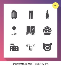 Modern, simple vector icon set on gradient background with trousers, dessert, sweet, clothes, bag, casual, house, food, ringing, swine, raw, telephone, sound, pig, communication, carrot, cake icons