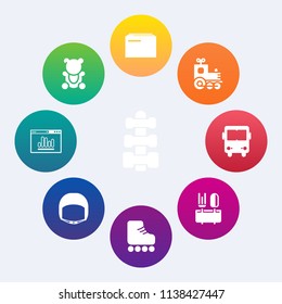Modern, simple vector icon set on colorful circle backgrounds with fur, toy, teddy, fitness, work, belt, fun, brown, skating, paperwork, weight, train, document, fluffy, information, storage icons