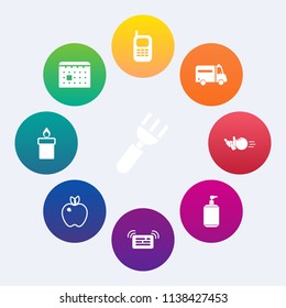 Modern, simple vector icon set on colorful circle backgrounds with health, bowling, fork, apple, ball, flame, business, decoration, candle, time, timetable, restaurant, fun, meal, medical, pin icons