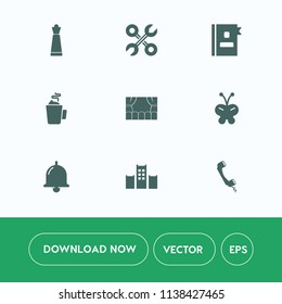 Modern, simple vector icon set on white background with reparation, bed, cup, contact, beauty, bell, ring, business, information, work, white, repair, pawn, knight, hotel, home, theater, alarm icons