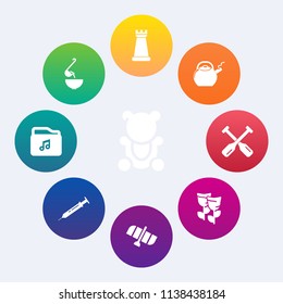 Modern, simple vector icon set on colorful circle backgrounds with nature, bowl, animal, file, spoon, dinner, orbit, fluffy, paddle, king, fun, kettle, boat, canoe, needle, childhood, music, toy icons