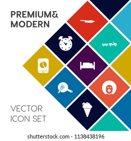 Modern, simple vector icon set on colorful flat background with circus, water, bell, pot, kitchen, vintage, hour, restaurant, transportation, food, dessert, van, pan, clown, holiday, cooking icons