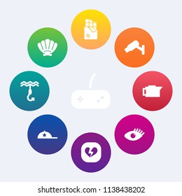 Modern, simple vector icon set on colorful circle backgrounds with health, game, beautiful, safety, shell, coffee, surveillance, face, play, cafe, nature, broken, gaming, sea, hook, drink, ocean icons