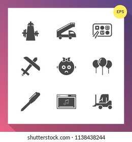 Modern, simple vector icon set on gradient background with transportation, decoration, sad, office, flight, transport, birthday, cargo, childhood, food, plane, air, little, truck, travel, cute icons