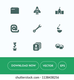 Modern, simple vector icon set on white background with file, tower, soup, business, spoon, pub, drink, green, storage, food, ship, communication, space, rocket, alcohol, paper, room, pot, data icons