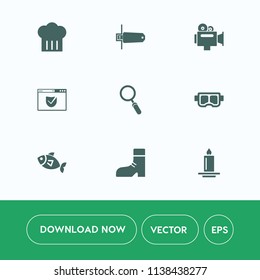 Modern, simple vector icon set on white background with security, light, fashion, lens, snorkel, digital, fire, candle, boot, internet, kitchen, restaurant, flame, zoom, footwear, professional icons