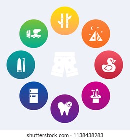 Modern, simple vector icon set on colorful circle backgrounds with play, industry, health, duck, fridge, outdoor, asian, tent, magic, industrial, template, bamboo, wear, dental, construction icons