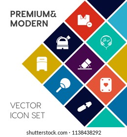 Modern, simple vector icon set on colorful flat background with t-shirt, sign, sound, man, music, rubber, audio, white, equipment, earphone, shirt, clothes, ping, furniture, bedroom, modern, bed icons