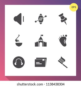 Modern, simple vector icon set on gradient background with volume, file, travel, health, brush, clean, bowl, spoon, location, building, meal, kitchen, ship, boat, sound, newborn, child, marker icons