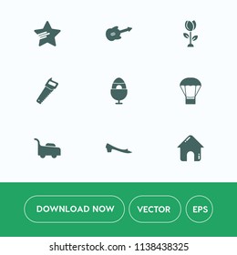 Modern, simple vector icon set on white background with lawn, musical, floral, saw, decoration, nature, balloon, mower, business, easter, summer, electric, music, success, garden, spring, shape icons