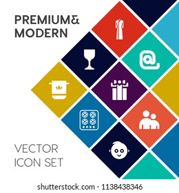 Modern, simple vector icon set on colorful flat background with cute, kitchen, kid, cotton, man, alcohol, towel, communication, female, message, web, childhood, envelope, people, celebration icons