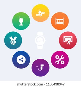 Modern, simple vector icon set on colorful circle backgrounds with gadget, dentistry, achievement, tool, industrial, medical, sign, beverage, time, glass, child, internet, device, diploma, frame icons