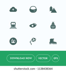 Modern, simple vector icon set on white background with back, rucksack, bug, object, bag, landscape, beauty, education, transportation, tv, leather, fly, upload, kite, tree, white, travel, trunk icons