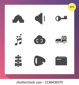 Modern, simple vector icon set on gradient background with leisure, treble, equipment, gym, melody, sign, key, security, web, internet, paper, information, file, transport, tent, sound, safe, up icons